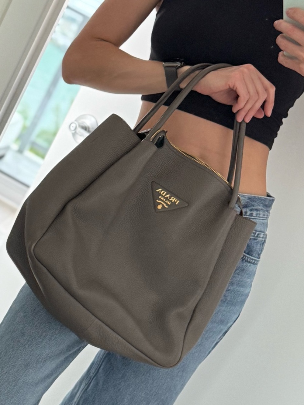 Prada Olive Taupe Pebbled Leather Tote with Gold Logo